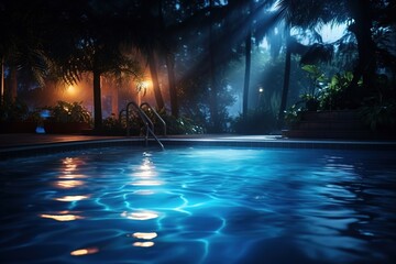 Swimming pool at night with blue lights.