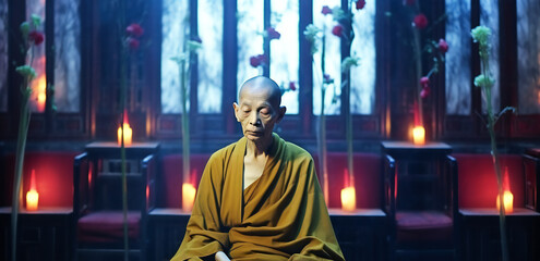 A Buddhist monk sitting in a chinese temple in the evening, Generative AI