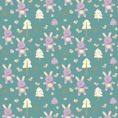 seamless christmas pattern with bunnies, christmas trees, mittens and felt boots for wallpaper, paper, fabric