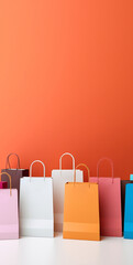 Multicolored shopping bags on sale, cyber Monday and Black Friday theme. Side view. Vertical photo