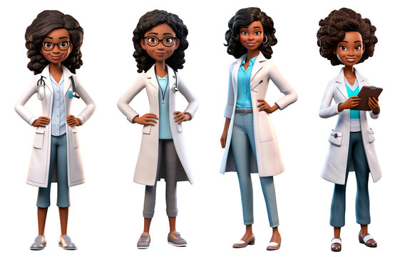3D render family doctor woman dark skin character. Happy and smiling cartoon style Isolated on transparent background