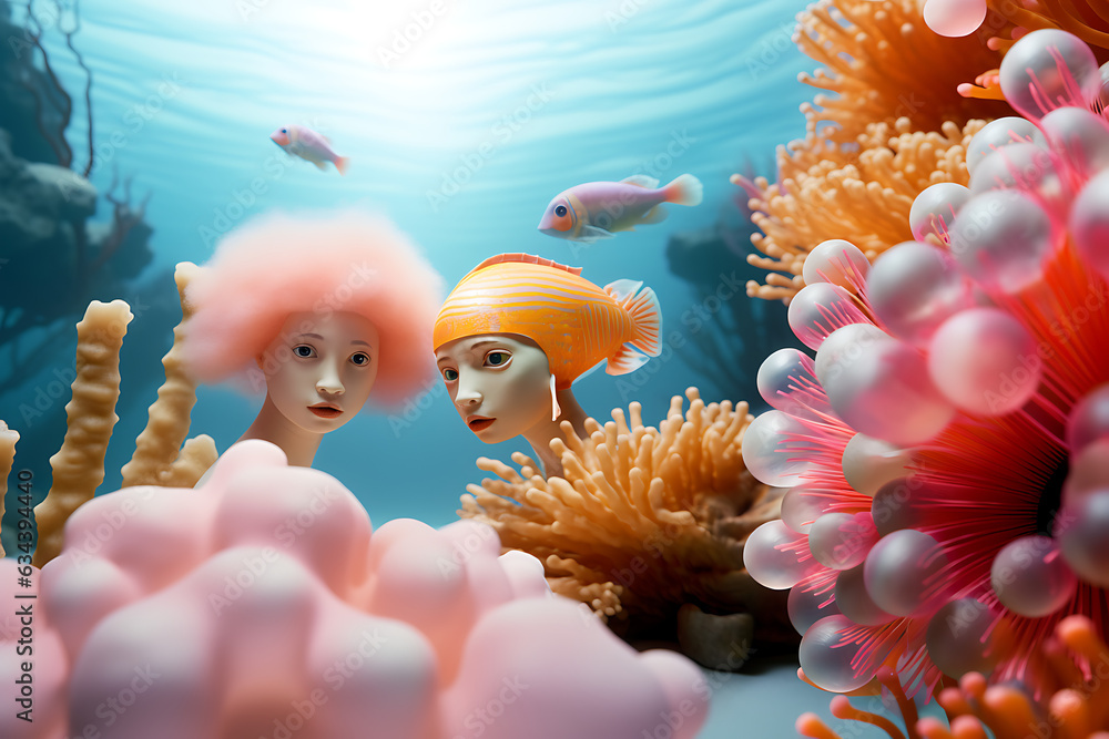 Poster An abstract depiction of the underwater world with two fish-like girls and surrounded by fish. Pastel colors