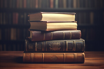 Stack of old books on a wooden table and bookshelves in the background