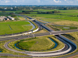 Aerial drone view of a highway intersection in Leiden, the Netherlands