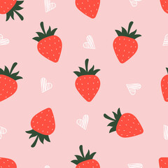Seamless pattern with strawberry and heart