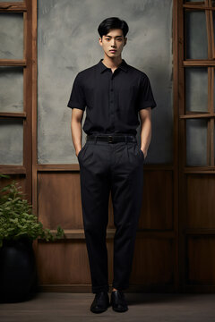 Portrait of a handsome asian man in black shirt and pants