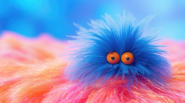A very fluffy blue monster with big eyes made of wool sits on a wooden floor. Illustration for cover, card, postcard, interior design, decor or print.