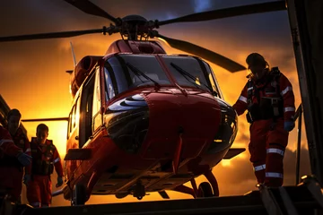 Abwaschbare Fototapete Air ambulance, a helicopter and the dedicated medical crew. This scene represents the critical role of aerial medical services in providing quick, lifesaving care during emergencies. © arhendrix