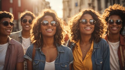 A smiling group of friends in the city wearing sunglasses taking selfies.