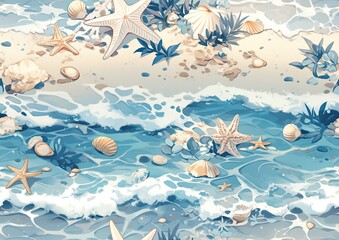 Fototapeta na wymiar Sea beach pattern, blue surf waves, colored shells and corals on the beach. Generative AI 