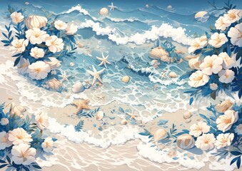 Sea beach pattern, blue surf waves, colored shells and corals on the beach. Generative AI	