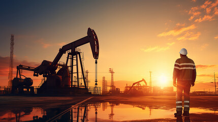 Oil worker is standing and looking to the oil pump jack on the sunset background. - obrazy, fototapety, plakaty