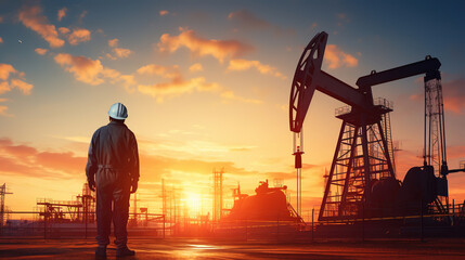 Oil worker is standing and looking to the oil pump jack on the sunset background. - obrazy, fototapety, plakaty