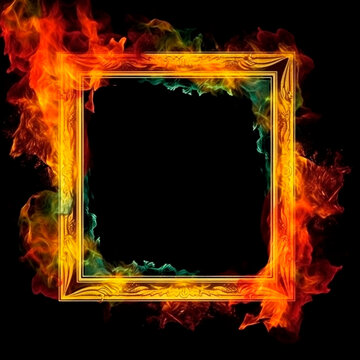 Burning frame with ornament background. Square template with blazing magical fire for photo and picture with generative AI colorful mystical decoration
