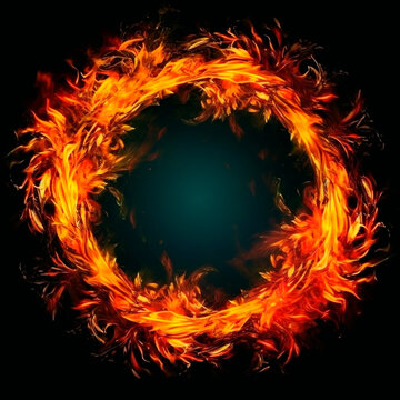 Burning ring frame background. Round magic template with blazing magical fire for photo and picture with generative AI colorful mystical decoration