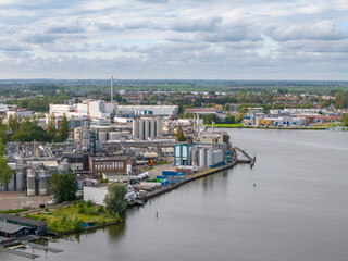 Aerial drone view of an industrial zone in Wormerveer, the Netherlands.