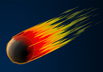 Meteor down fast, trail. Falling comet fire asteroid. Fireball flame burn, fly meteorite particles. Shooting star entering atmosphere. Dark blue space. Illustration vector © LuckySoul