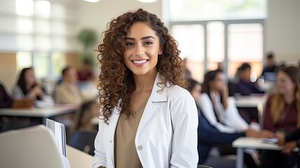 female woman doctor nurse portrait shot smiling cheerful confident standing front row in medical training class or seminar room background,ai generate