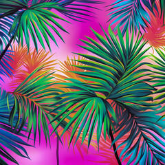 Fototapeta na wymiar Tropical Dreams in Retrowave: Abstract Leaves Pattern in Vibrant Colors, Generative AI