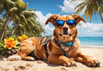 Dog with sunglasses laid on tropical beach