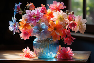 A transparent glass vase, filled with vibrant and colorful flowers.