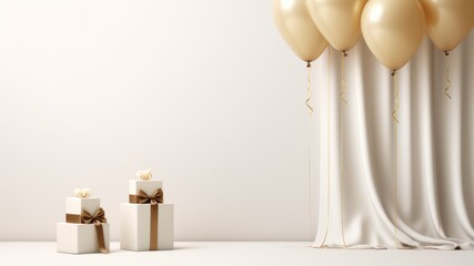 Bunch of gold balloons with gift boxes in a light beige backdrop, layout for best wishes and party celebration background with copy space for text