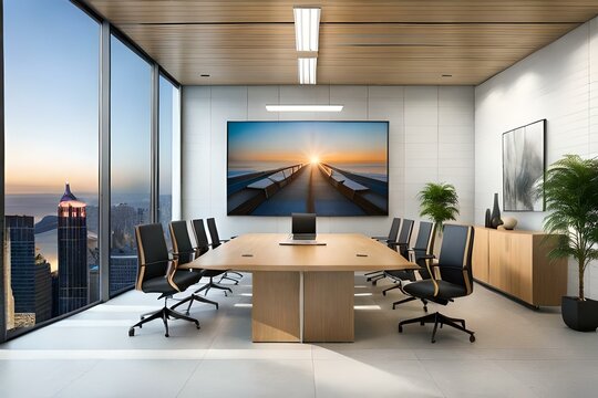 A modern meeting room with sleek conference tables, comfortable ergonomic chairs, and large video screens for remote collaboration