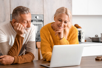 Mature couple using laptop in kitchen