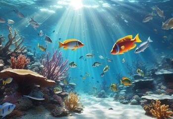 Digital illustration of underwater life, caribbean reef fishes. Sun rays through water, fantasy wallpaper
