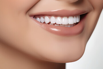 Obraz premium A close up of a female face, pretty smile with very clean perfect healthy teeth. 