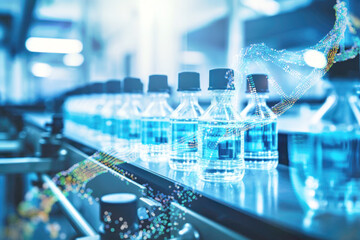 Vaccine-filled transparent bottles lined up on a laboratory production line