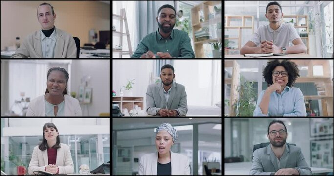 Video conference call, meeting collage or business people discussion, collaboration and wave hello in welcome greeting. Teamwork, online communication screen or webinar team talk about sales strategy