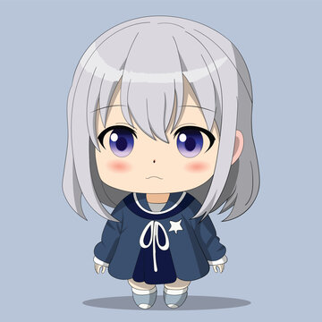 Cute chibi anime character with white hair and blue eyes