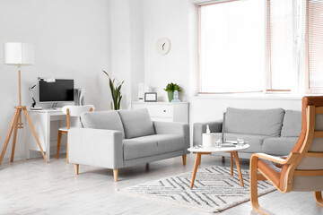 Interior of psychologist's office with sofas and table