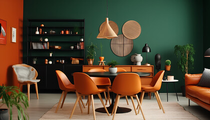 Mid-Century Modern Charm: Vibrant Orange Leather Chairs Against a Serene Green Wall