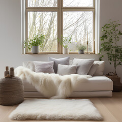 Cozy Scandinavian Living: White Sofa, Wool Blanket, and Fur Pillow Vibes