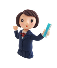 定規を持ってガッツポーズする制服を来た女の子上半身（粘土立体イラスト）