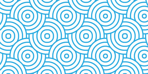 Fototapeta na wymiar Seamless wave pattern with circles fabric curl backdrop. Seamless overloping pattern with waves pattern with waves and blue geomatices retro background. 