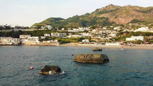 Rocks over the water in Citara, Ischia. View from a drone