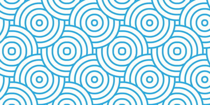 Seamless wave pattern with circles fabric curl backdrop. Seamless overloping pattern with waves pattern with waves and blue geomatices retro background. © MdLothfor