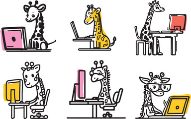 Cute giraffe line art vector set 