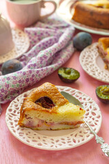 Sweet moist and fluffy yogurt cake with plums - 634399659