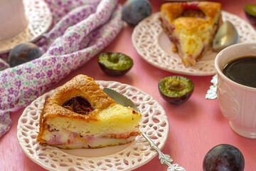 Sweet moist and fluffy yogurt cake with plums - 634399661
