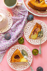 Sweet moist and fluffy yogurt cake with plums - 634399685