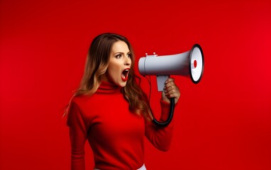 Young brunette Latin American woman screaming through megaphone over isolated trendy modern red background, communicating some idea thought, angry,  negative, AI Generated