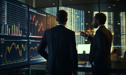 Multiracial financial analysts look on computer real-time stocks, analyze business strategy in investment bank. Computers and big digital screens on background.