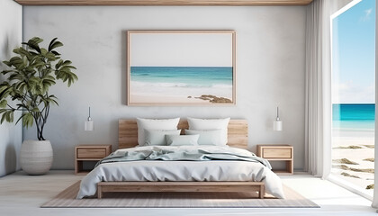 Fototapeta na wymiar Elegance by the Sea: Coastal Style Interior Design in a Modern Bedroom