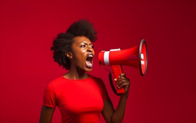 Young brunette African American woman screaming through megaphone over isolated trendy modern red background, communicating some idea thought, angry,  negative, AI Generated - obrazy, fototapety, plakaty