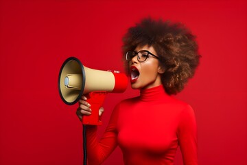 Young brunette African American woman screaming through megaphone over isolated trendy modern red background, communicating some idea thought, angry,  negative, AI Generated