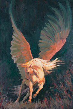 Pegasus in dynamic and expressive movement in the strong red lighting of the rising sun - oil painting